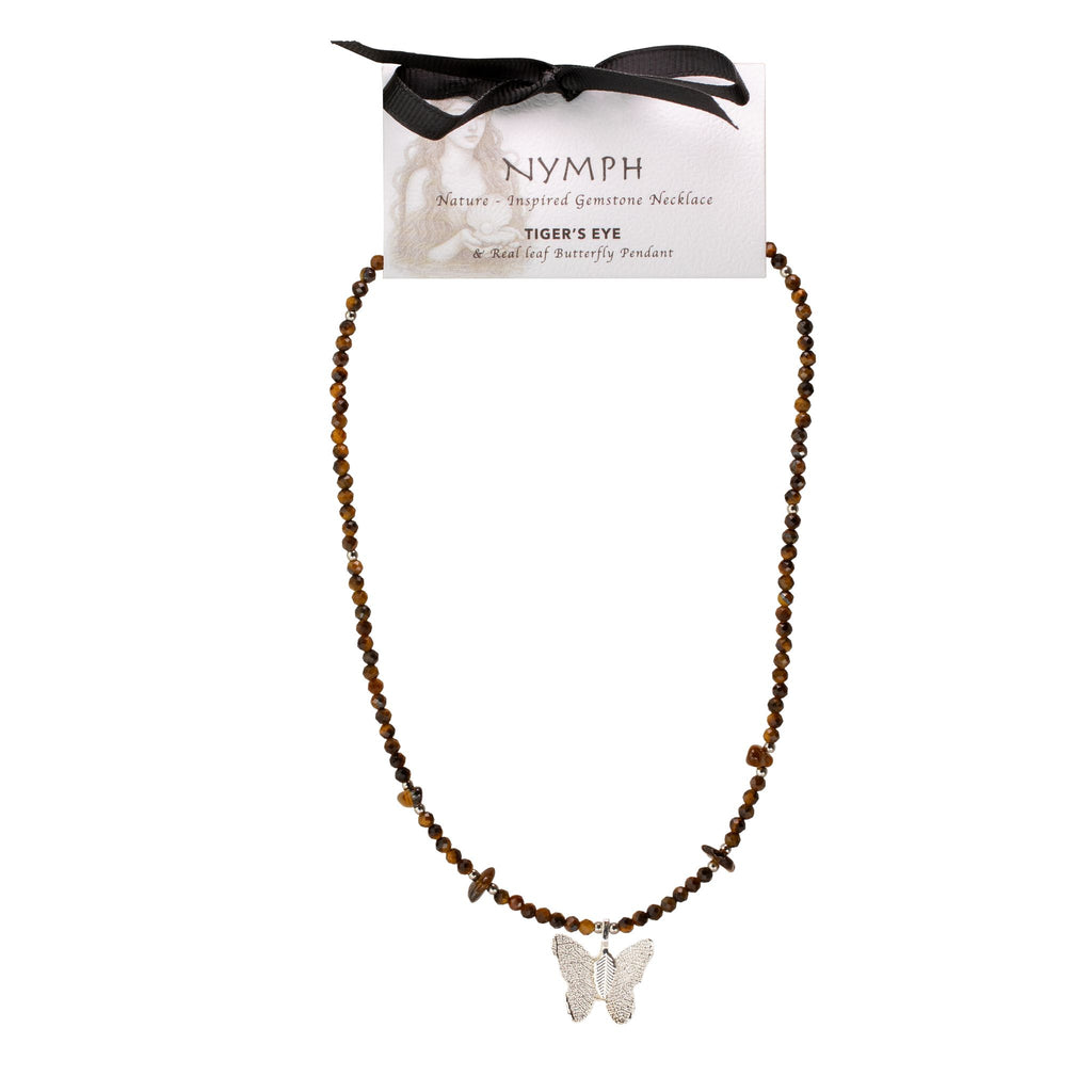 Nymph Tiger's Eye Gemstone Necklace with Real Leaf Butterfly Pendant