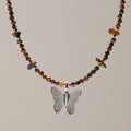 Nymph Tiger's Eye Gemstone Necklace with Real Leaf Butterfly Pendant